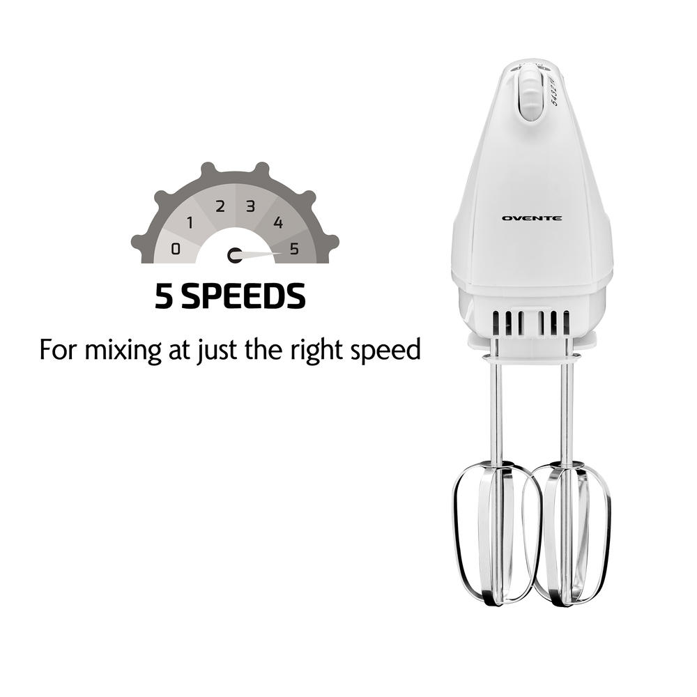 Ovente Portable Electric Hand Mixer 5 Speed Mixing 150W Powerful Blender with 2 Stainless Steel Chrome Beater White HM161W