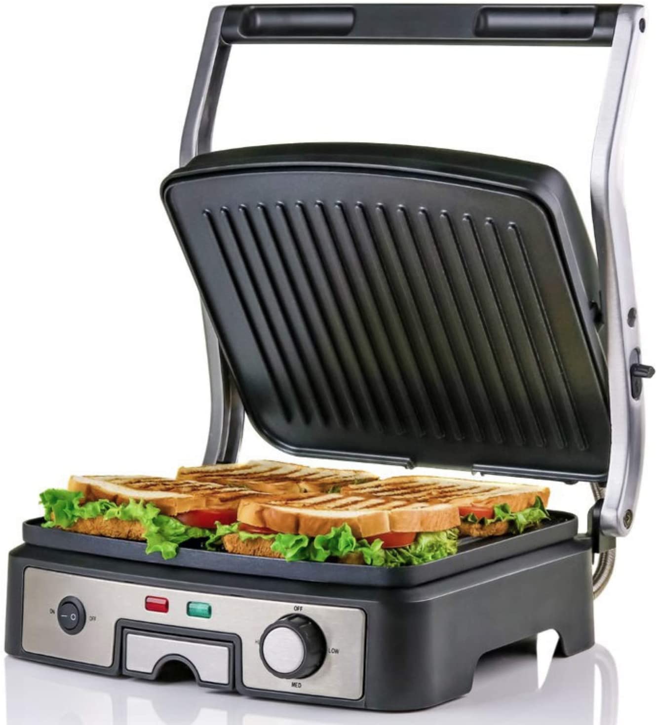Ovente Electric Panini Press Grill Bread Toaster Nonstick Double Sided Flat Plates with 3 Temperature Setting Silver GP1861BR