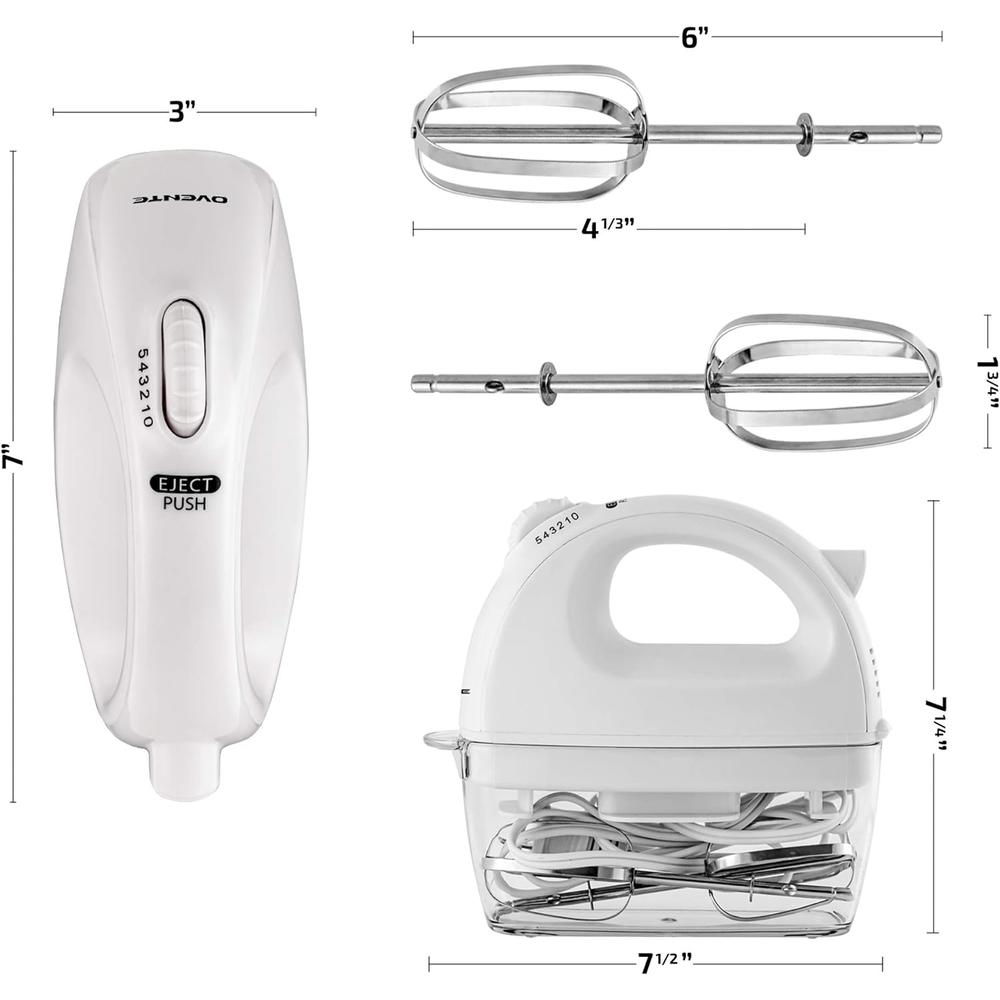 Ovente Portable Electric Hand Mixer 5 Speed Mixing 150W Powerful Blender with 2 Stainless Steel Chrome Beater White HM161W