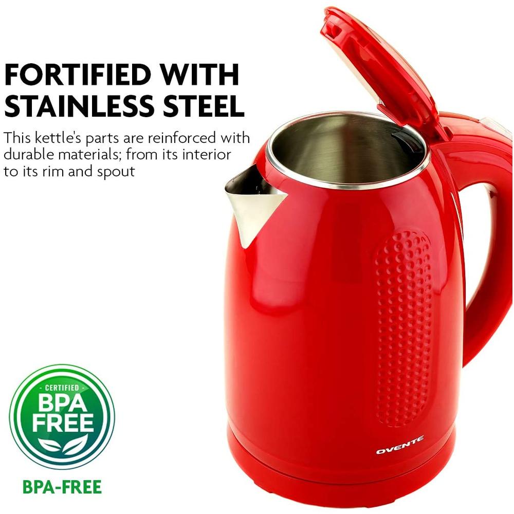 Ovente Portable Electric Kettle 1.7 Liter, Double Wall Insulated Stainless Steel BPA-Free Tea Maker Hot Water Boiler Red KD64R