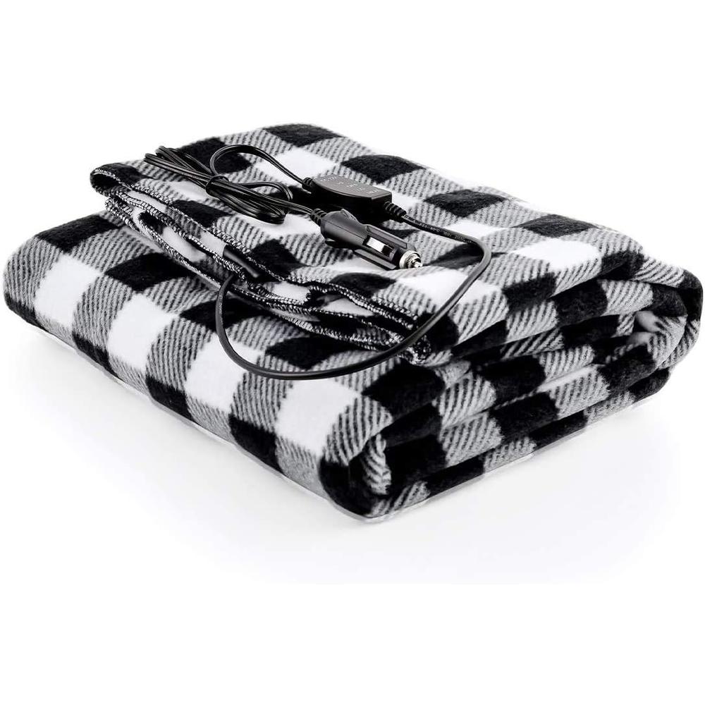 Ovente Electric Heated Cotton Throw Blanket with Car AC Outlet, 57 x 39 Inch with Temperature Control Black and White BL4602BW