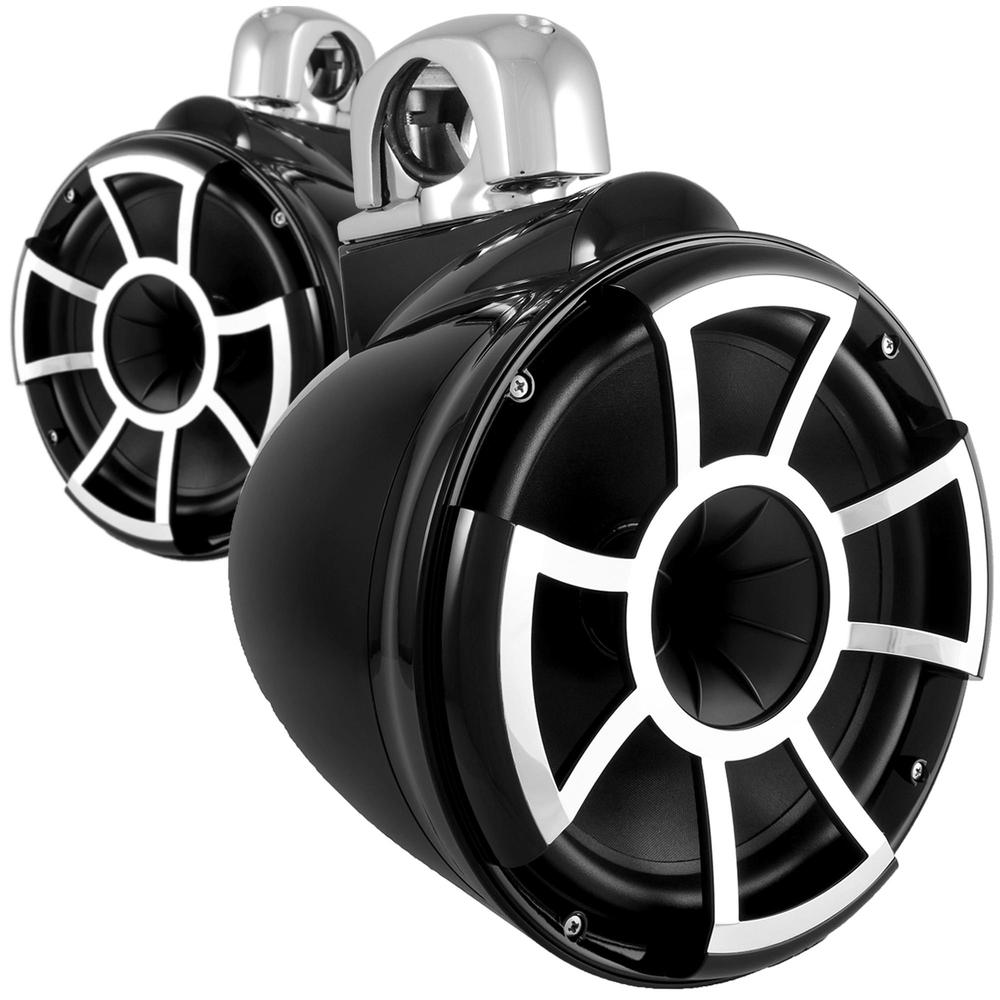 Wet Sounds REV10B-FC 10" Black Tower Speakers with Stainless Steel Fixed Clamps & SYN-DX4 800 Watt Amplifier