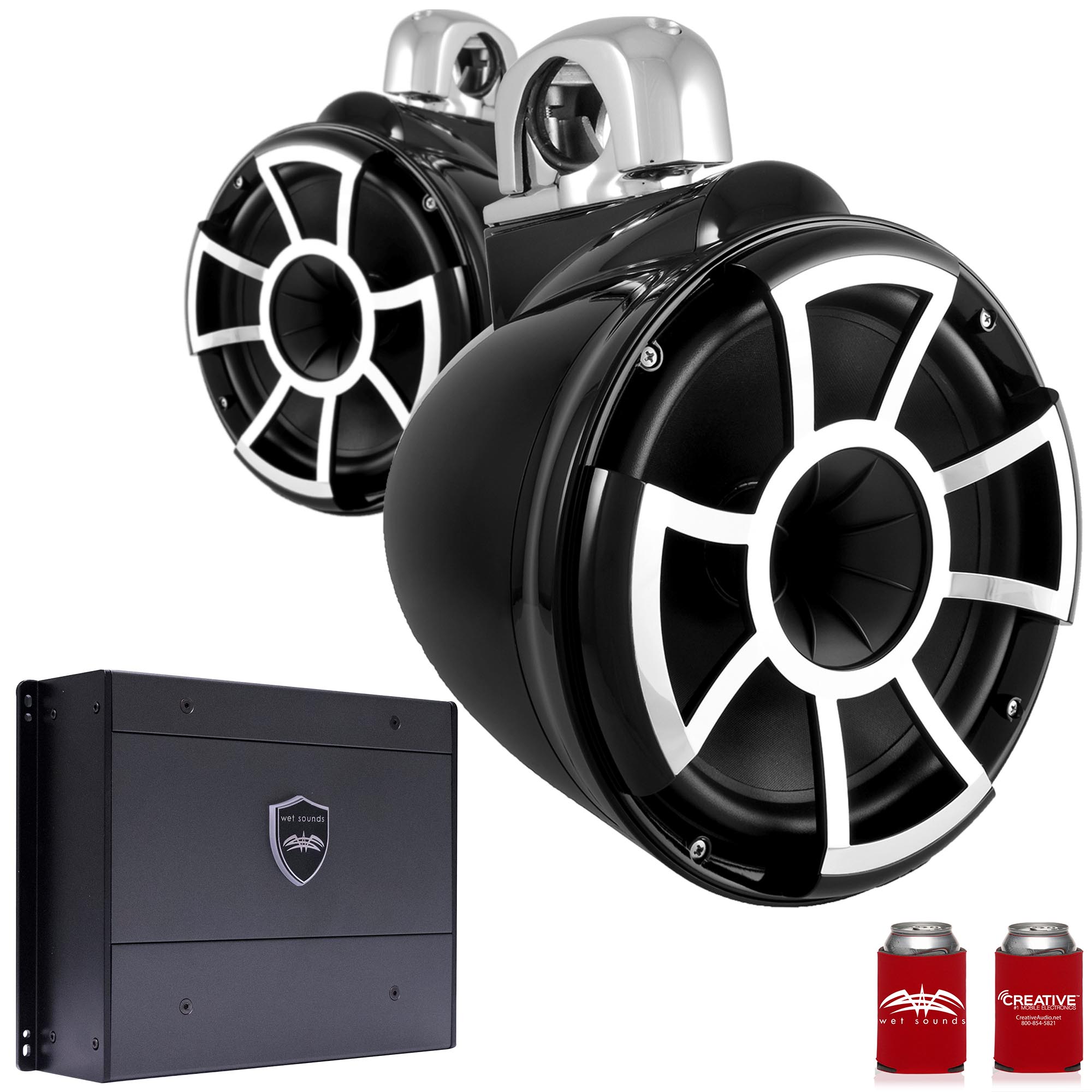 Wet Sounds REV10B-FC 10" Black Tower Speakers with Stainless Steel Fixed Clamps & SYN-DX4 800 Watt Amplifier