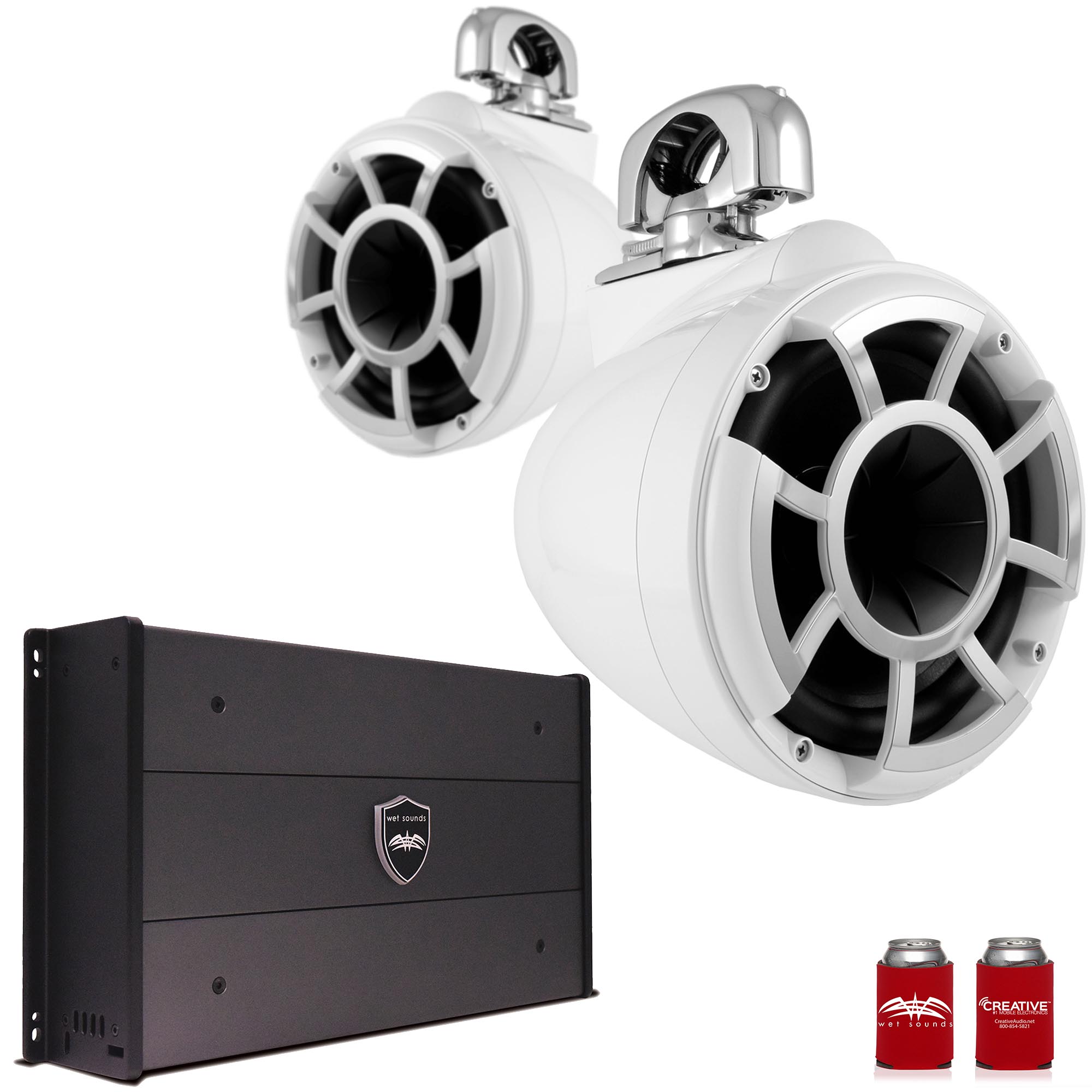 Wet Sounds REV8W-SC 8" White Tower Speakers with Stainless Steel Swivel Clamps & SYN-DX2.3 1200 Watt Amplifier