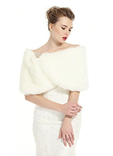 Beautelicate Faux Fur Wrap Shawl Women S Shrug Bridal Stole For Winter Wedding Party Free Brooch Ivory