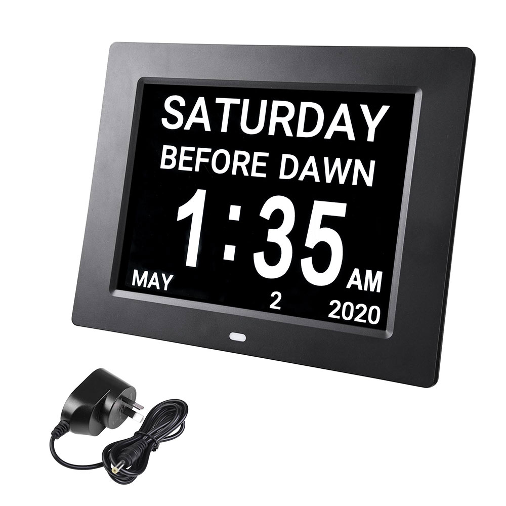 Yescom 8" Large Digital LCD Day Clock 6-Alarm Dimmable Calendar Dementia Home Wall Table Black