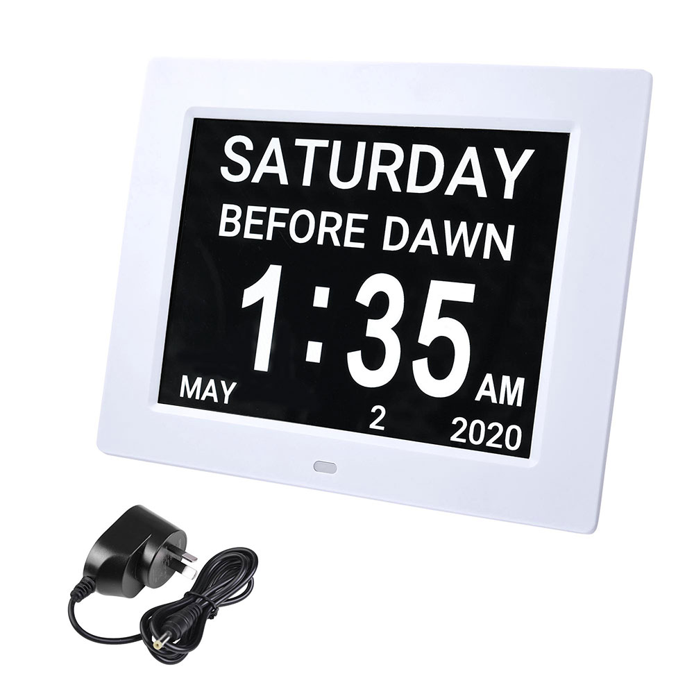 Yescom 8" Large Digital LCD Day Clock 6-Alarm Dimmable Calendar Dementia Home Wall Table White