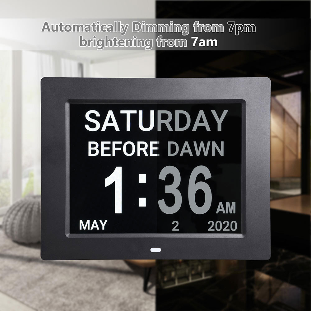 Yescom 8" Large Digital LCD Day Clock 6-Alarm Dimmable Calendar Dementia Home Wall Table Black