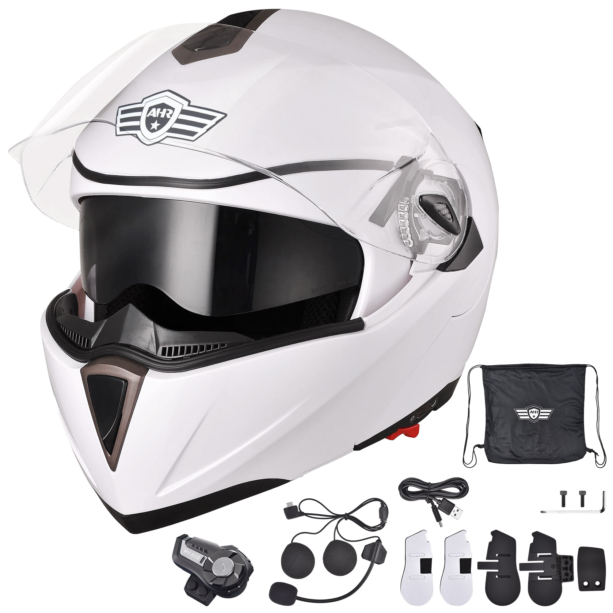 AHR DOT Full Face Flip Up Motorcycle Helmet 2 Visor Bluetooth 5.0 Headset L