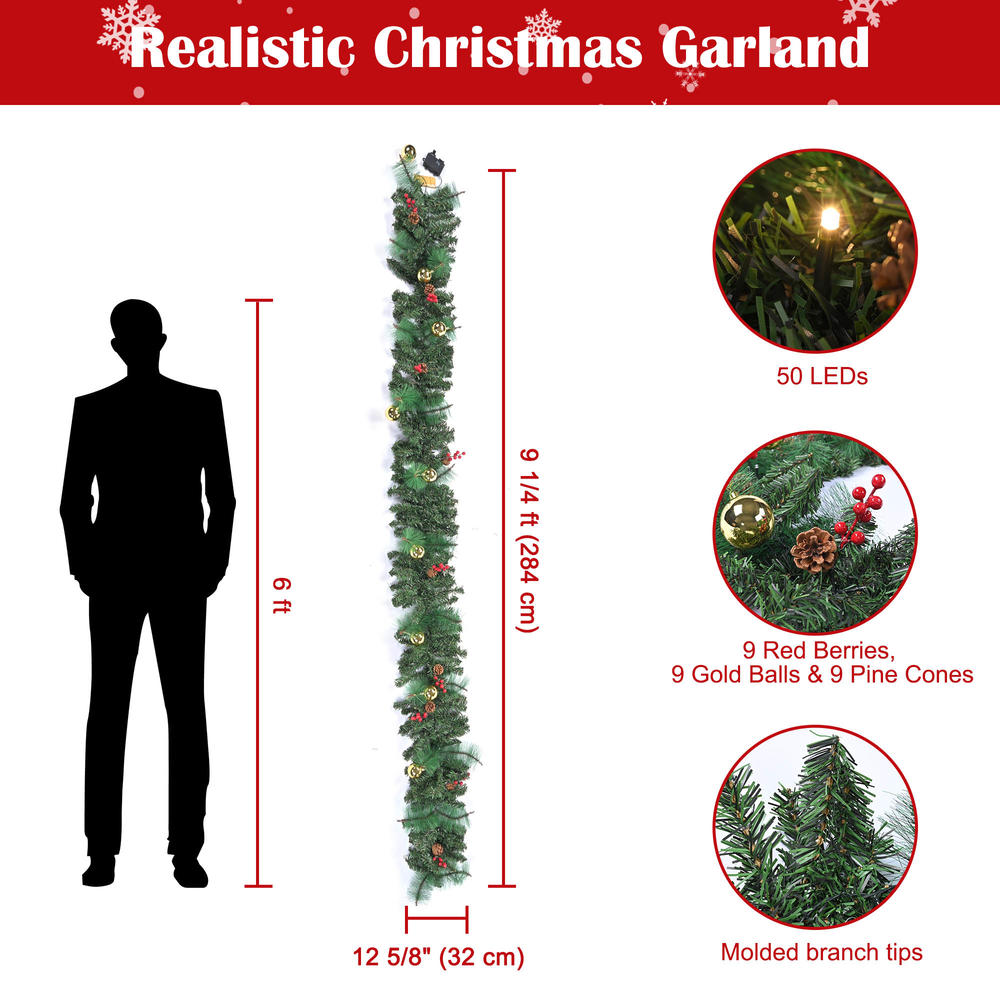 Yescom 9 Ft Pre-lit Christmas Garland Pine LED Lights Door Wreath Hanging Decor Home