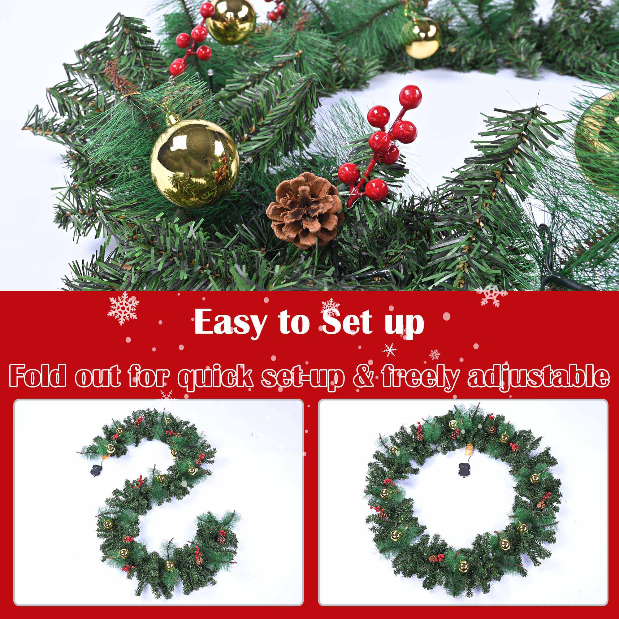 Yescom 9 Ft Pre-lit Christmas Garland Pine LED Lights Door Wreath Hanging Decor Home