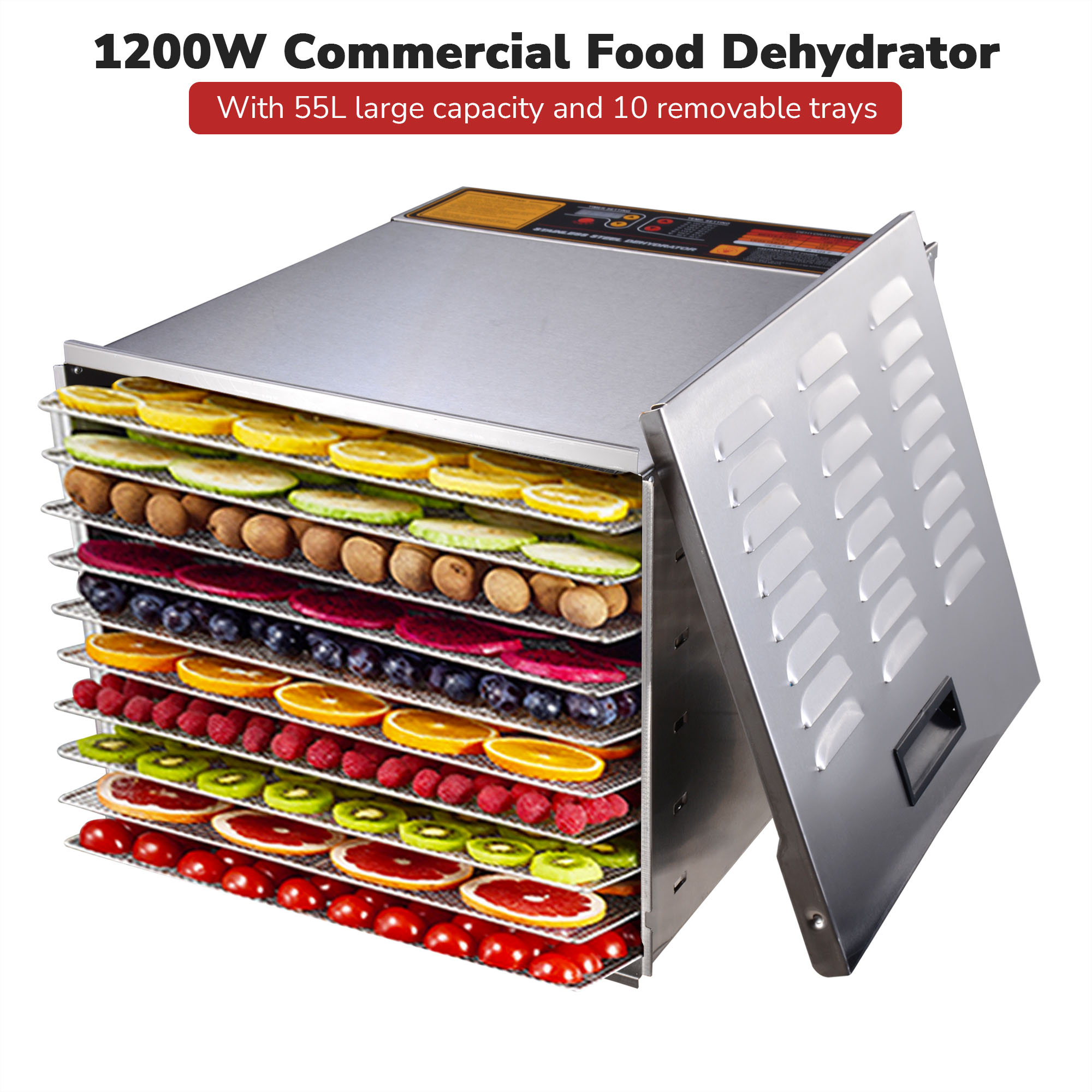 Yescom 55L Commercial 10 Tray Stainless Steel Food Dehydrator Fruit Meat Jerky Dryer