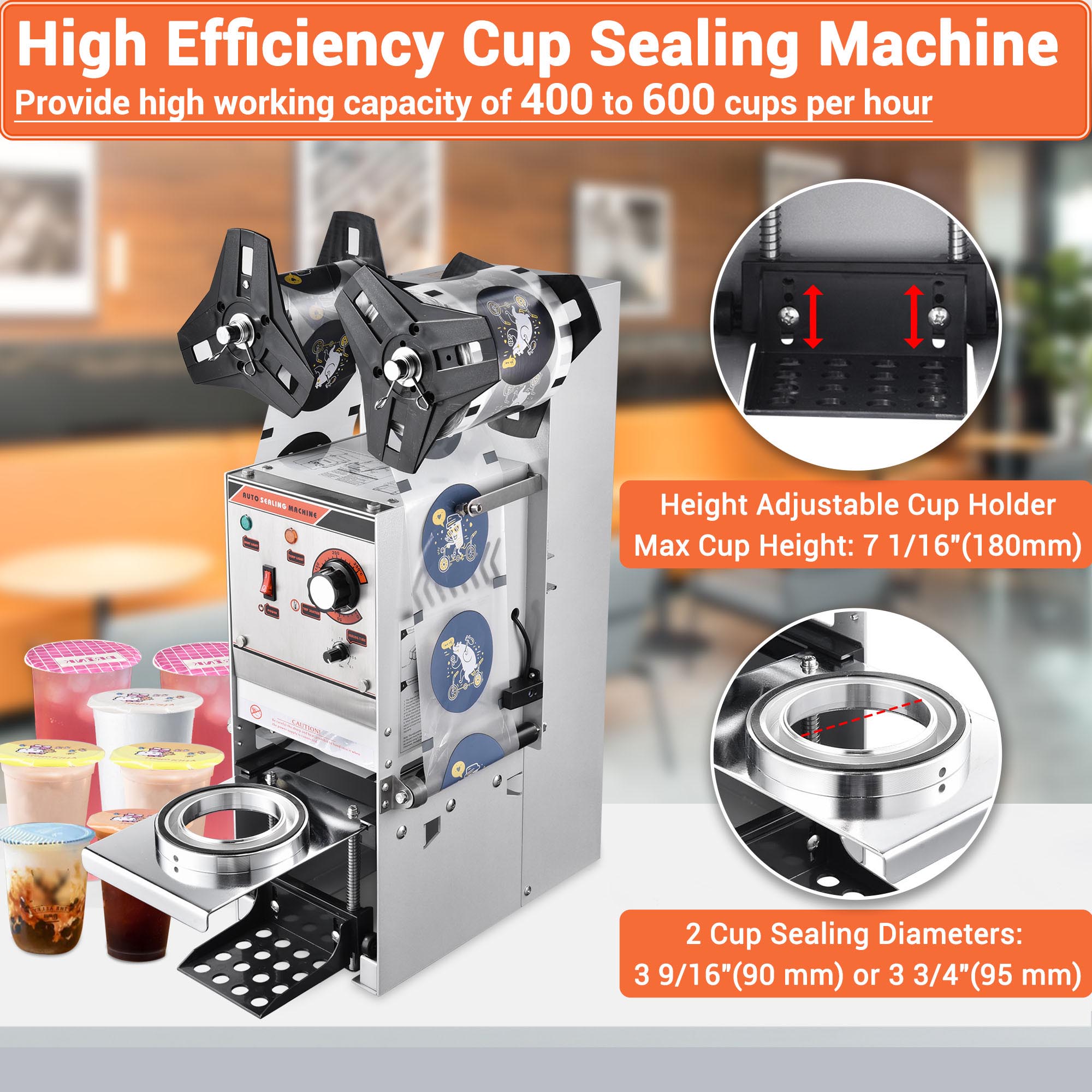 Yescom 350W Commercial Electric Semi-automatic Tea Cup Sealing Machine Bubble 400-600 Cups/Hr Sealer