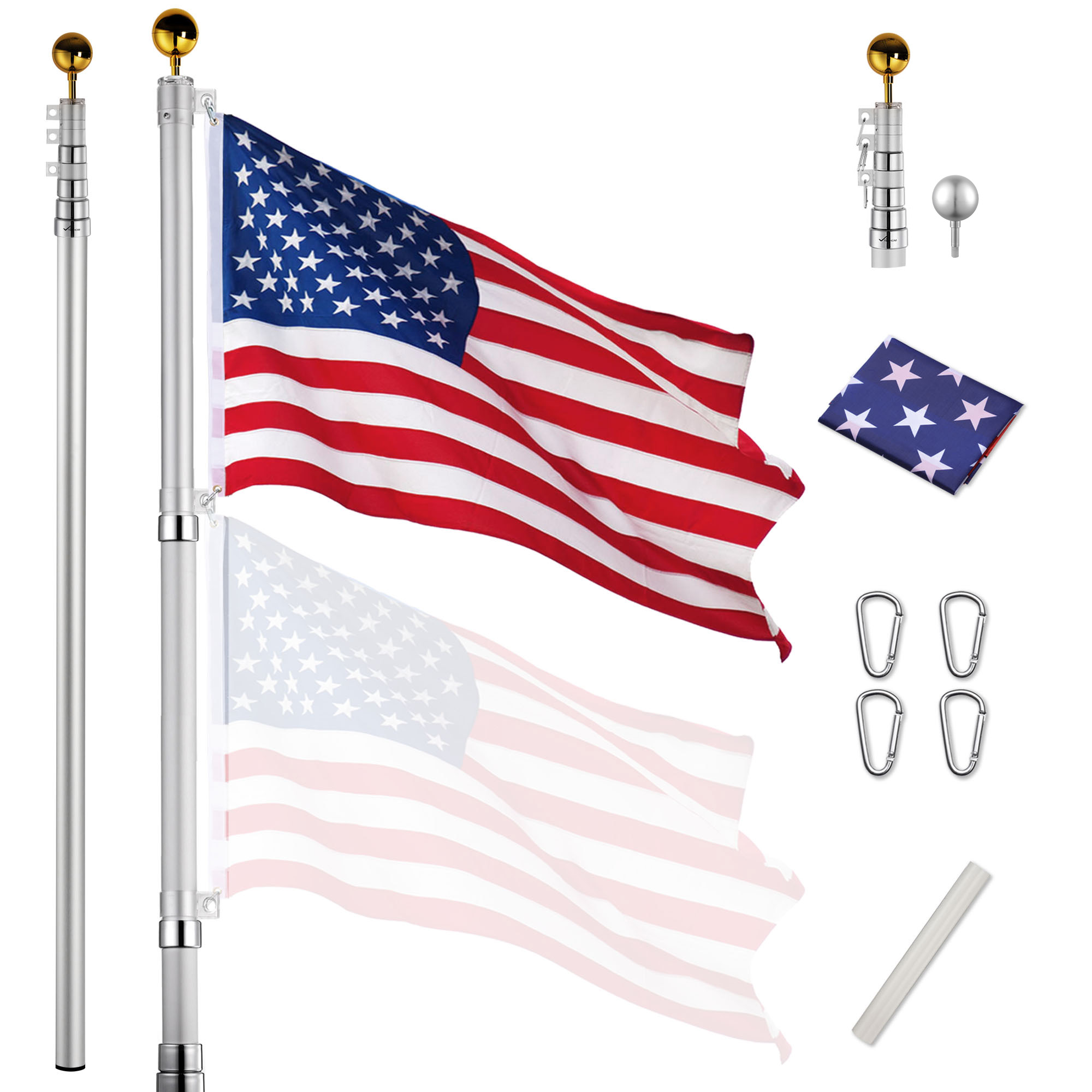 Yescom 20ft Telescopic 16 Gauge Aluminum Flag Pole+3'x5' US Flag & Ball Top Kit 16 Gauge Flagpole Fly 2 Flags