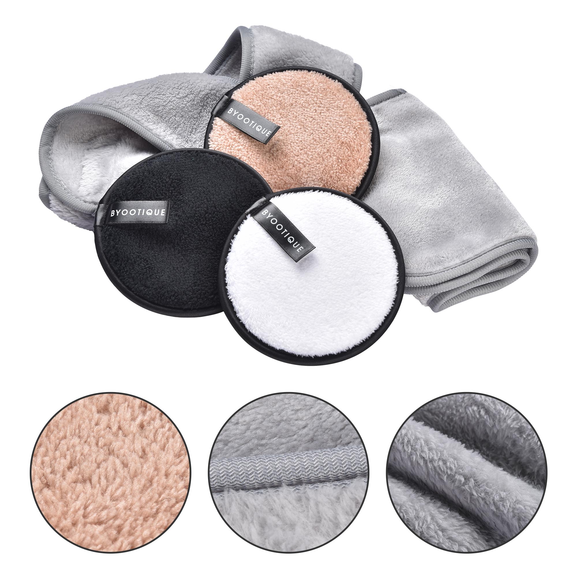 Byootique Makeup Removal Kit with Removing Towel 3 Pack Remover Pads Spa Hairband Reusable