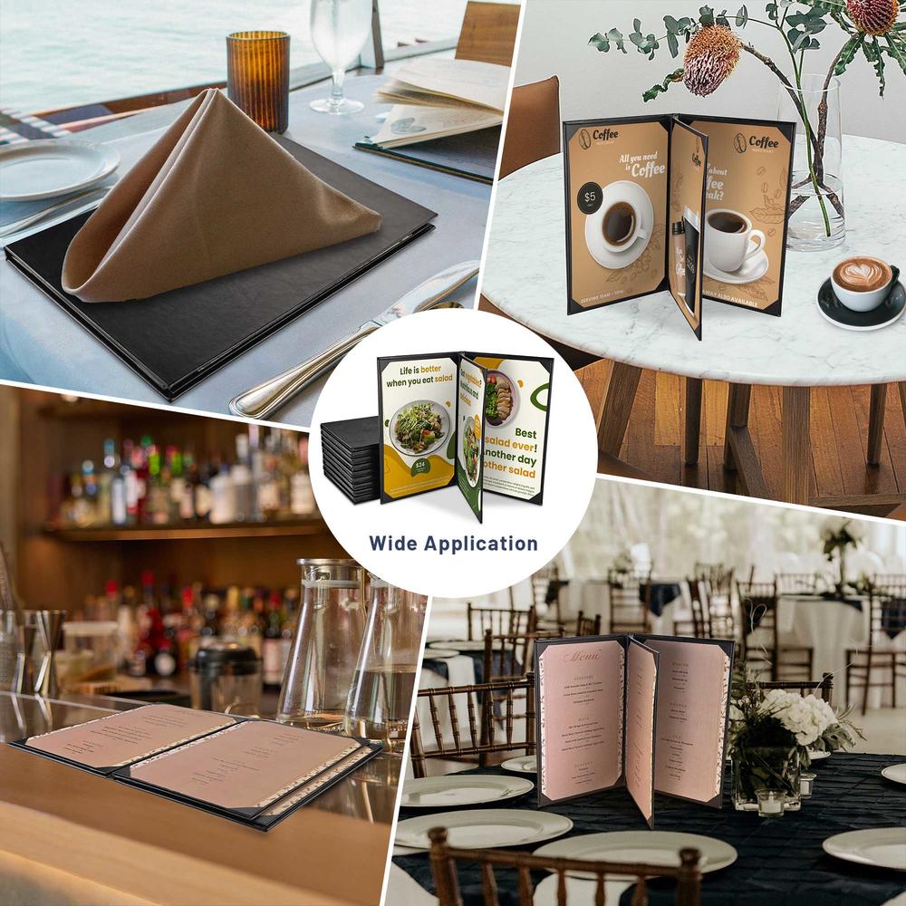 Yescom  8.5"x14" Menu Covers 10 Packs 4 View Leather Book Style Black Faux Custom Logo Cafe Restaurant Bars