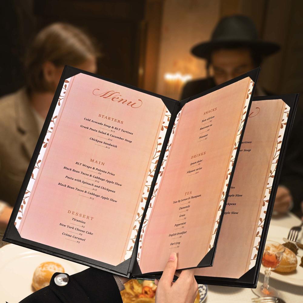 Yescom  8.5"x14" Menu Covers 10 Packs 4 View Leather Book Style Black Faux Custom Logo Cafe Restaurant Bars