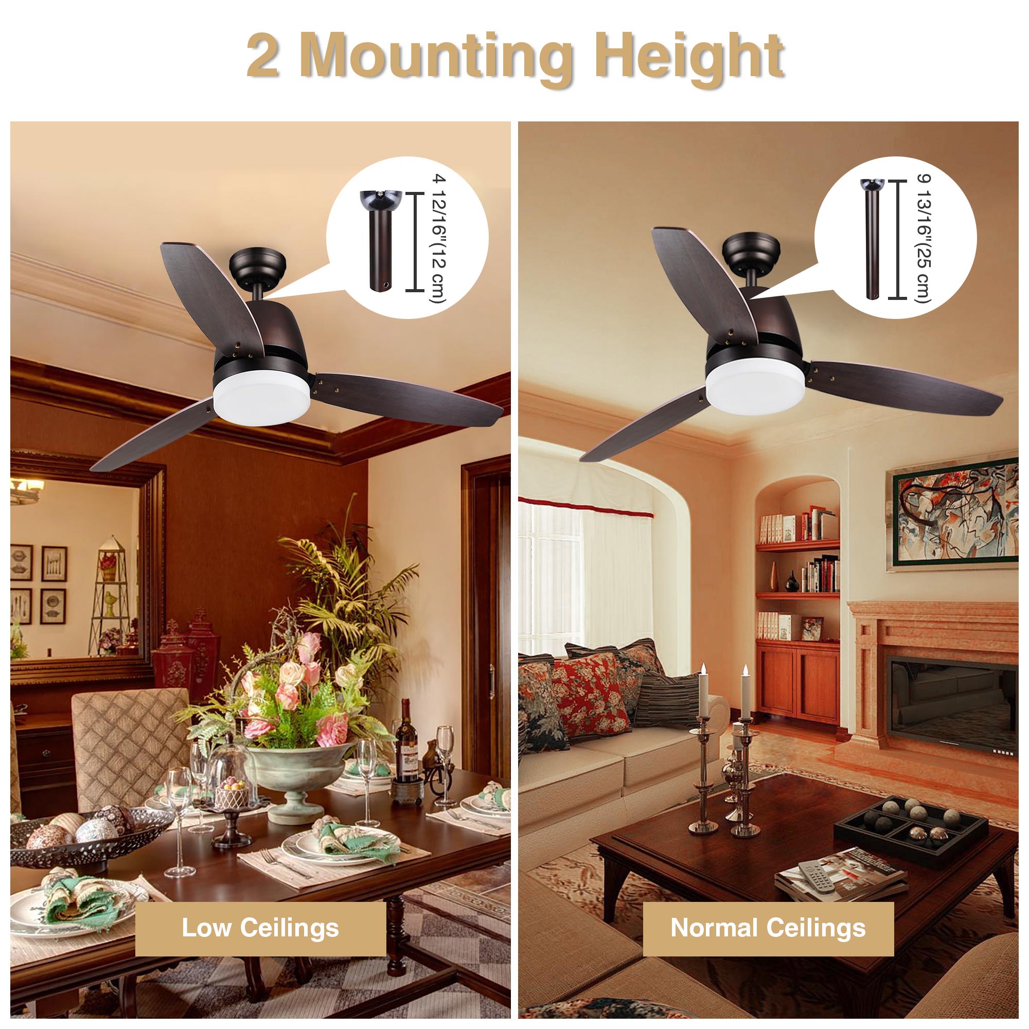 Delight 52" 3 Blades Ceiling Fan with LED Light and Remote Control Indoor Room Decoration