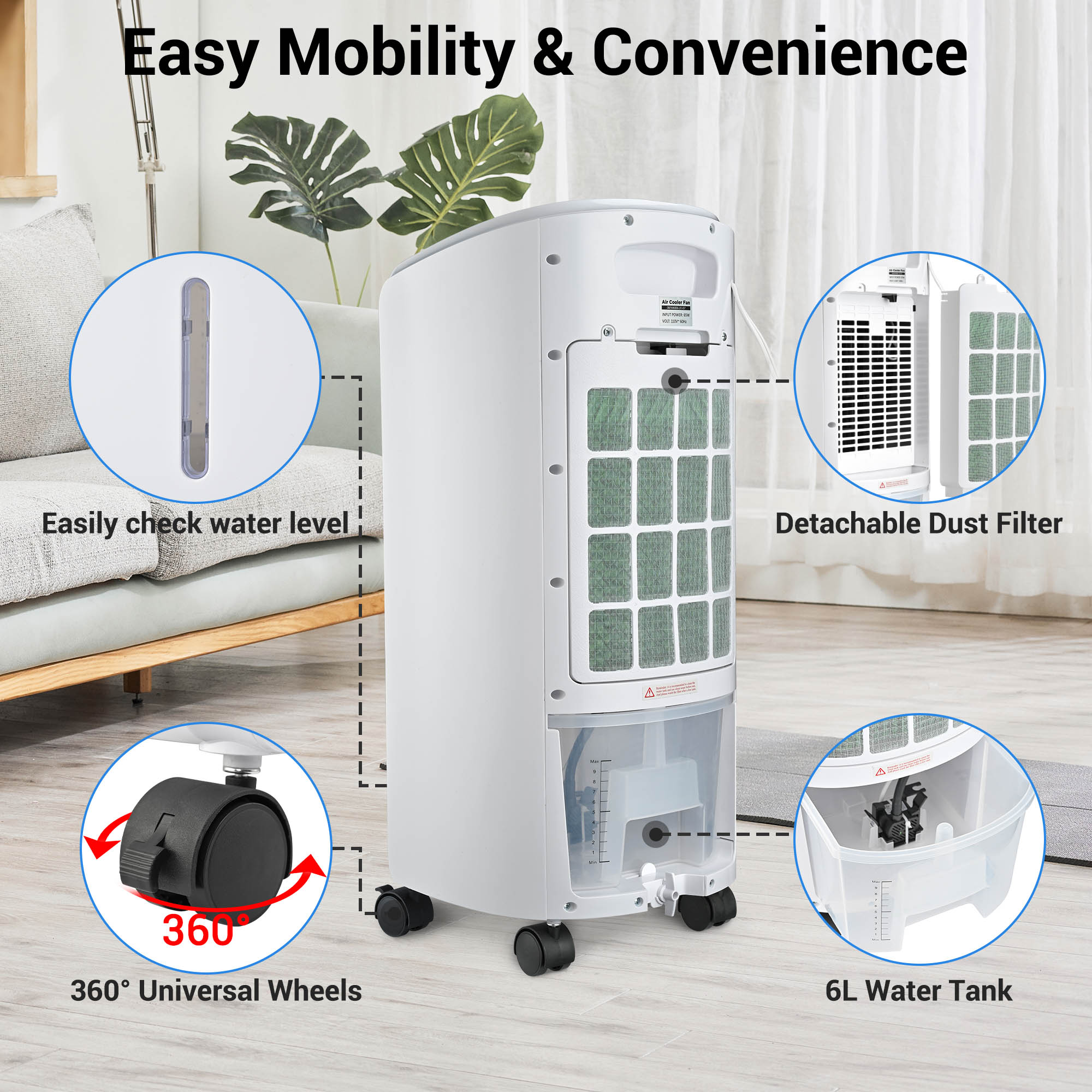 Yescom Evaporative Air Cooler 65W Portable Cooling Fan with Humidifier 3 Speeds & 12H Timer Remote Control 2 Water Tanks & 4 Ice