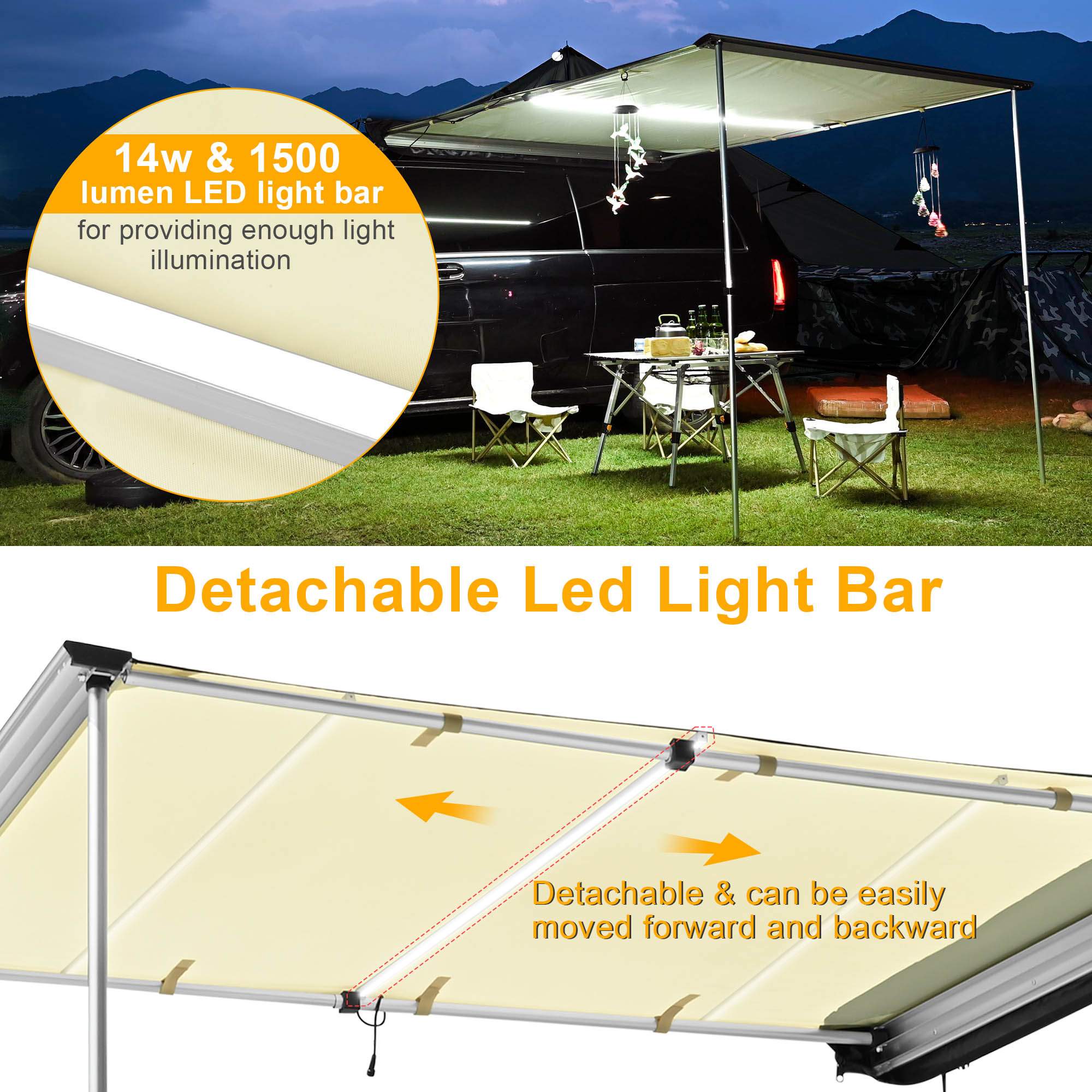 Yescom 8.2x7.6 ft Car Side Awning Rooftop with LED Light Pull Out Tent Shelter Camping