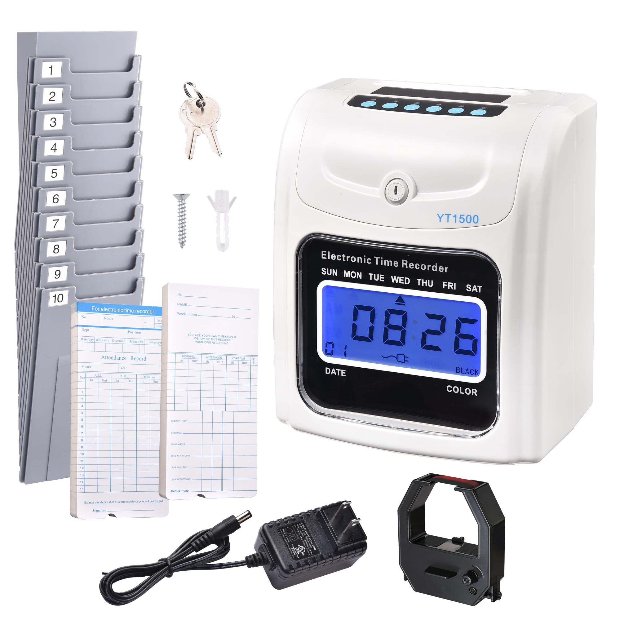 Yescom Attendance Punch Time Clock Employee Payroll Recorder LCD Display w/ 100 Cards
