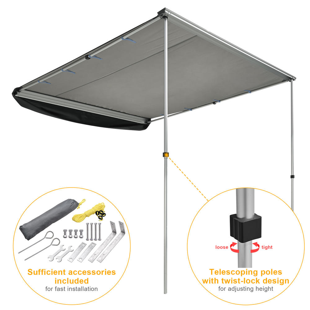 Yescom 6.6x8.4Ft Car Side Awning Rooftop Pull Out Tent Shelter Sun Shade SUV Outdoor Camping Grey