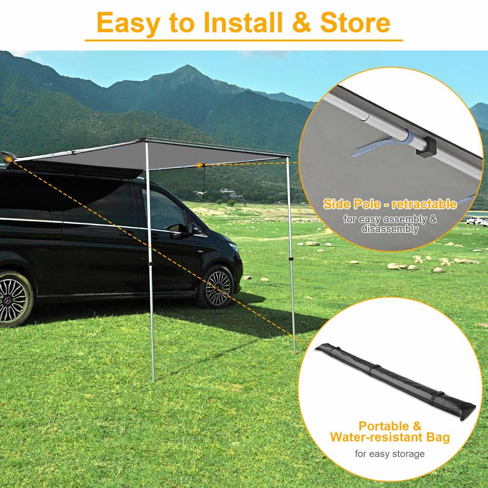 Yescom 6.6x8.4Ft Car Side Awning Rooftop Pull Out Tent Shelter Sun Shade SUV Outdoor Camping Grey