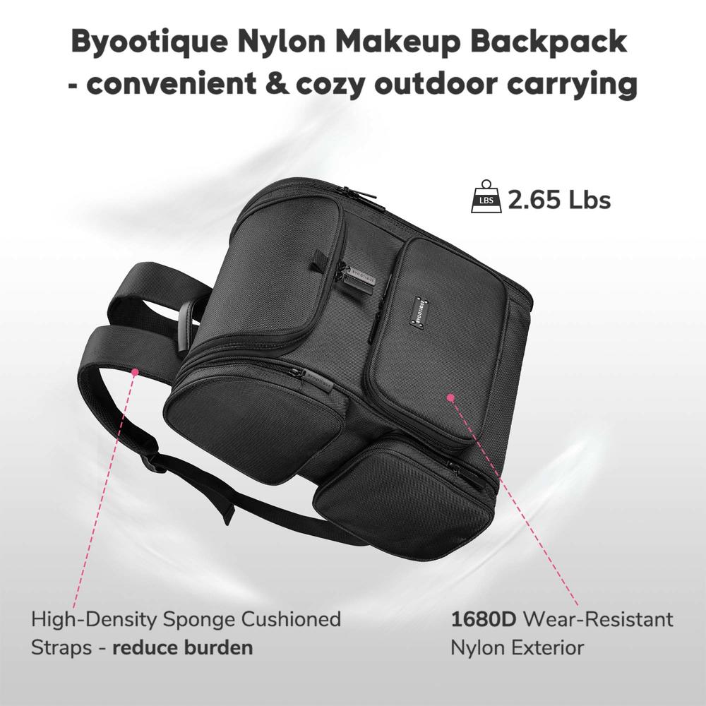 Byootique Makeup Backpack Soft Sided Makeup Train Case Barber Cosmetic Bag Black