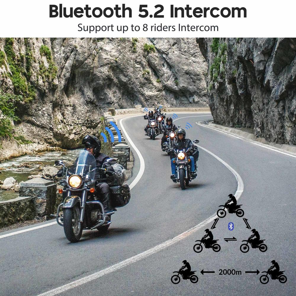AHR Motorcycle Helmet Headset Bluetooth 5.2 Intercom 8 Rider Noise Cancel Hands-free