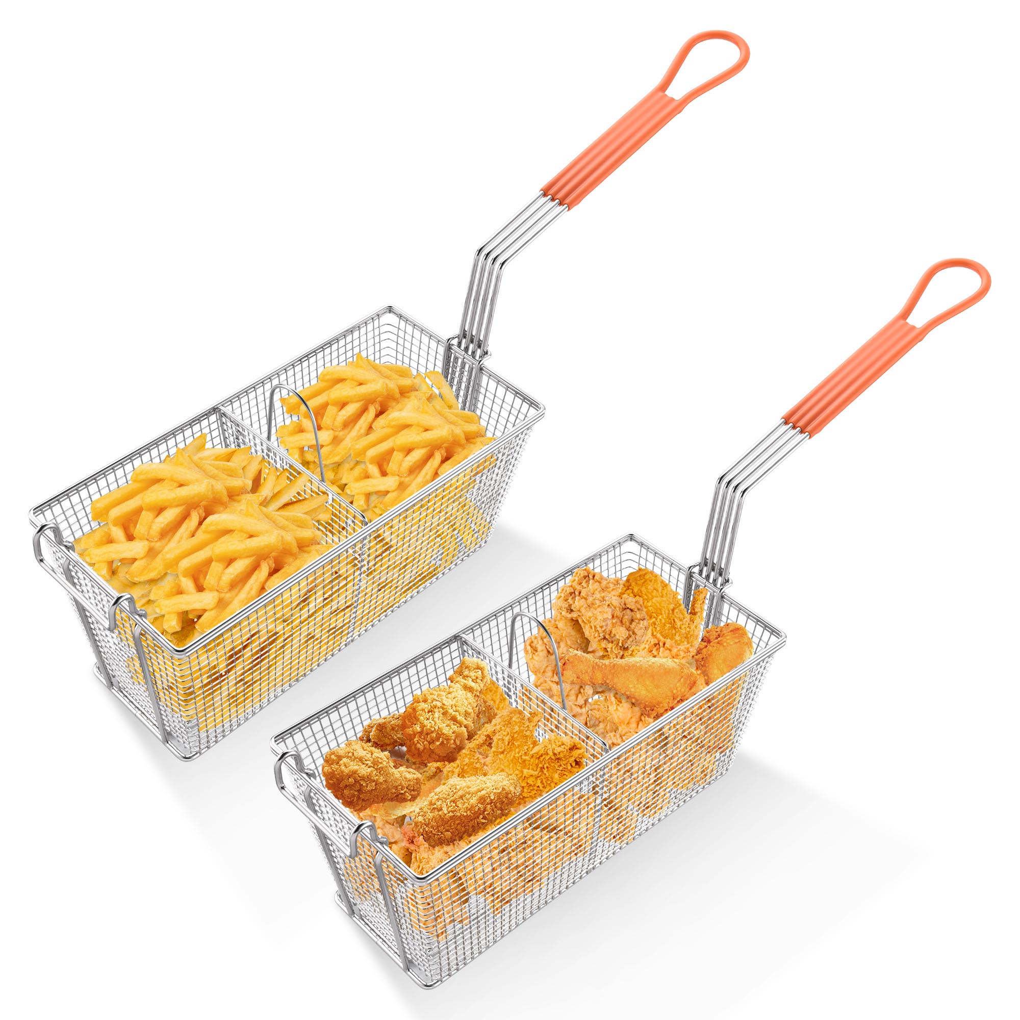 wechef 2 Packs Deep Fryer Basket with Divider Heavy Duty Construction Fryer Basket with Non-slip Handle for Commercial Restaurant