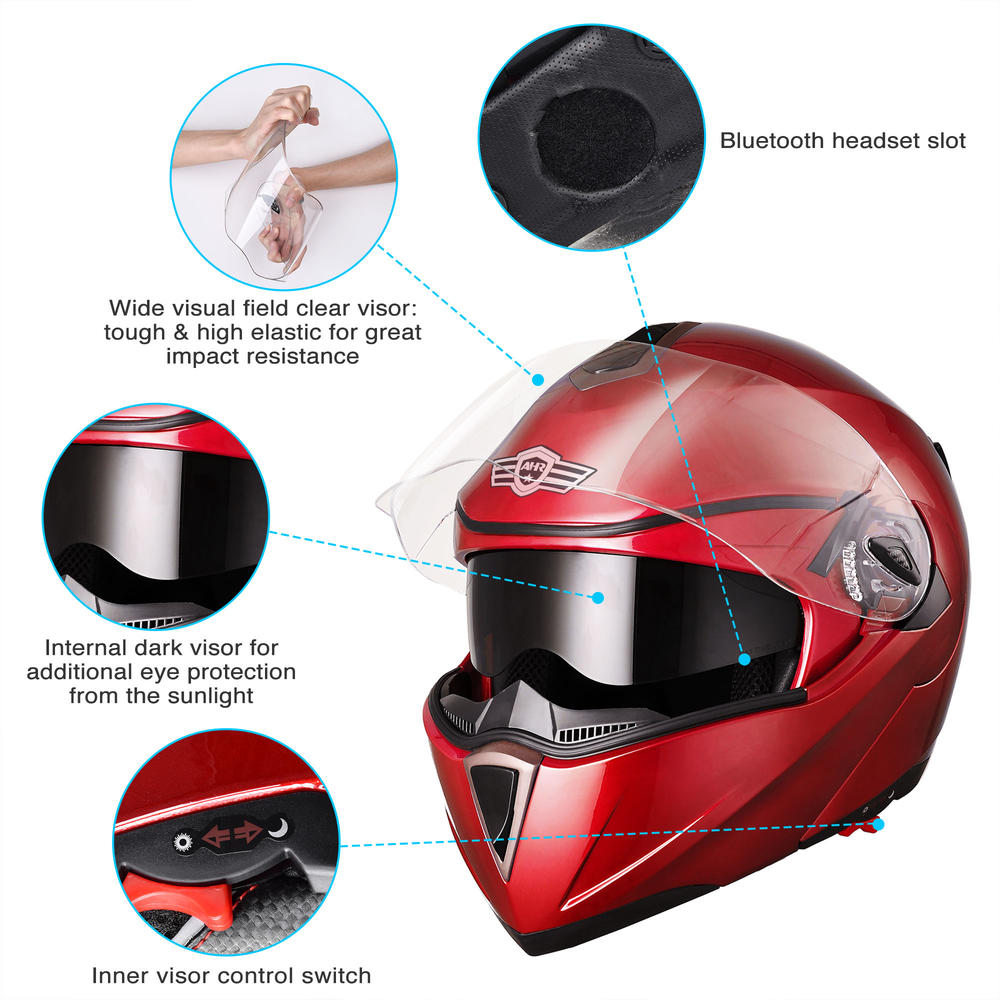 Yescom RUN-M Full Face Flip up Modular Motorcycle Helmet DOT Approved Dual Visor Motocross Red XL