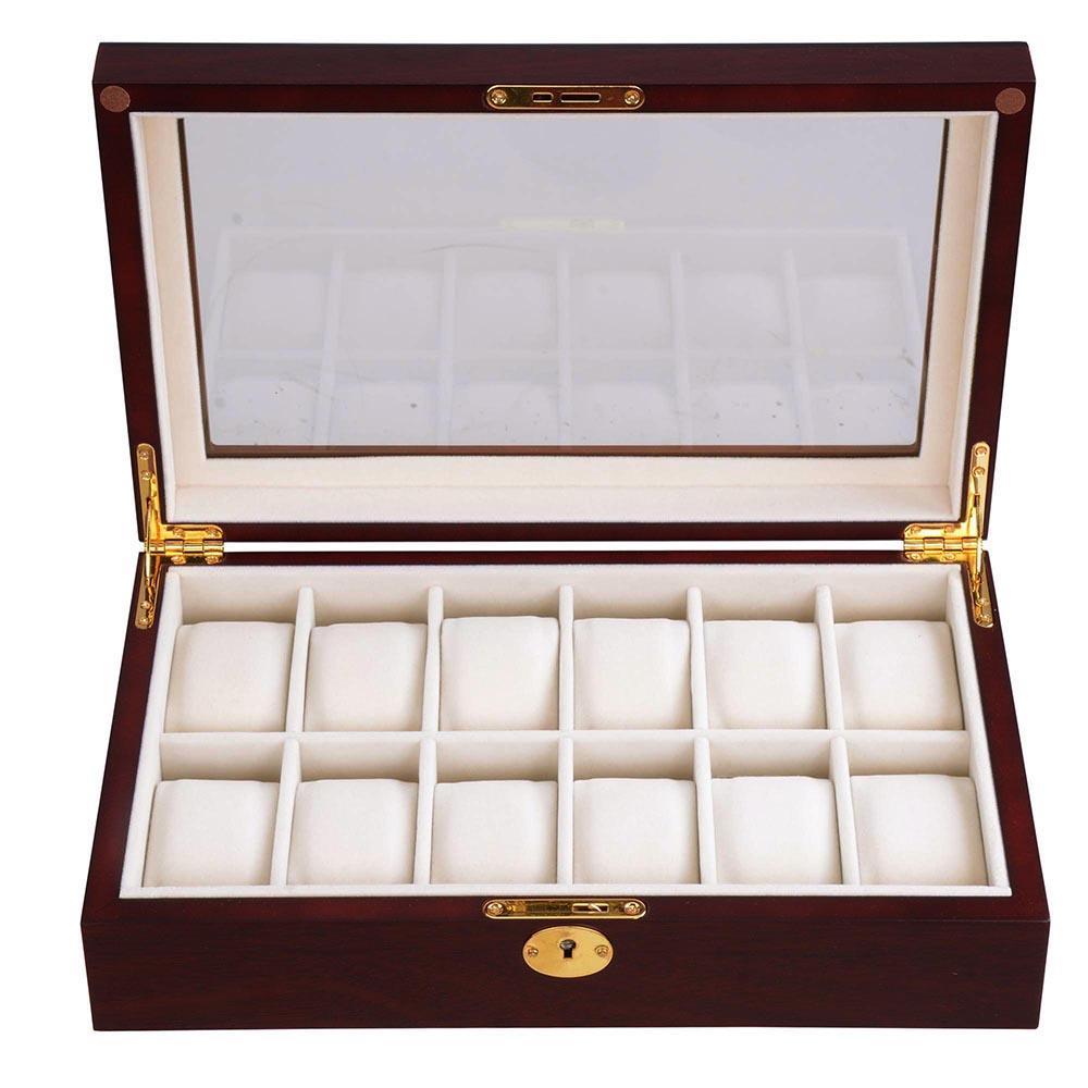Yescom 12 Slots Watch Box Display Case Organizer Glass Top Jewelry Storage Gift Rose Wood