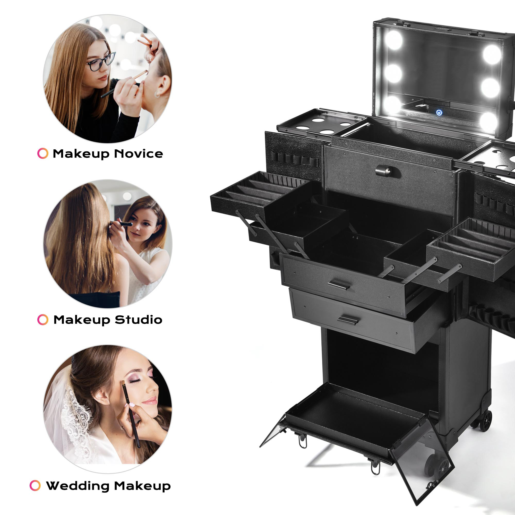 Byootique ® Pro Rolling Makeup Case Aritist Cosmetics w/ Lights Mirror Studio Black