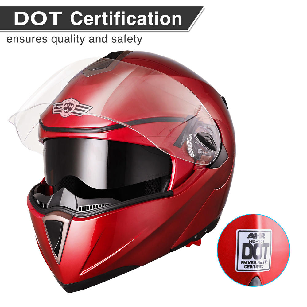 AHR RUN-M Full Face Flip up Modular Motorcycle Helmet DOT Approved Dual Visor Motocross Red L