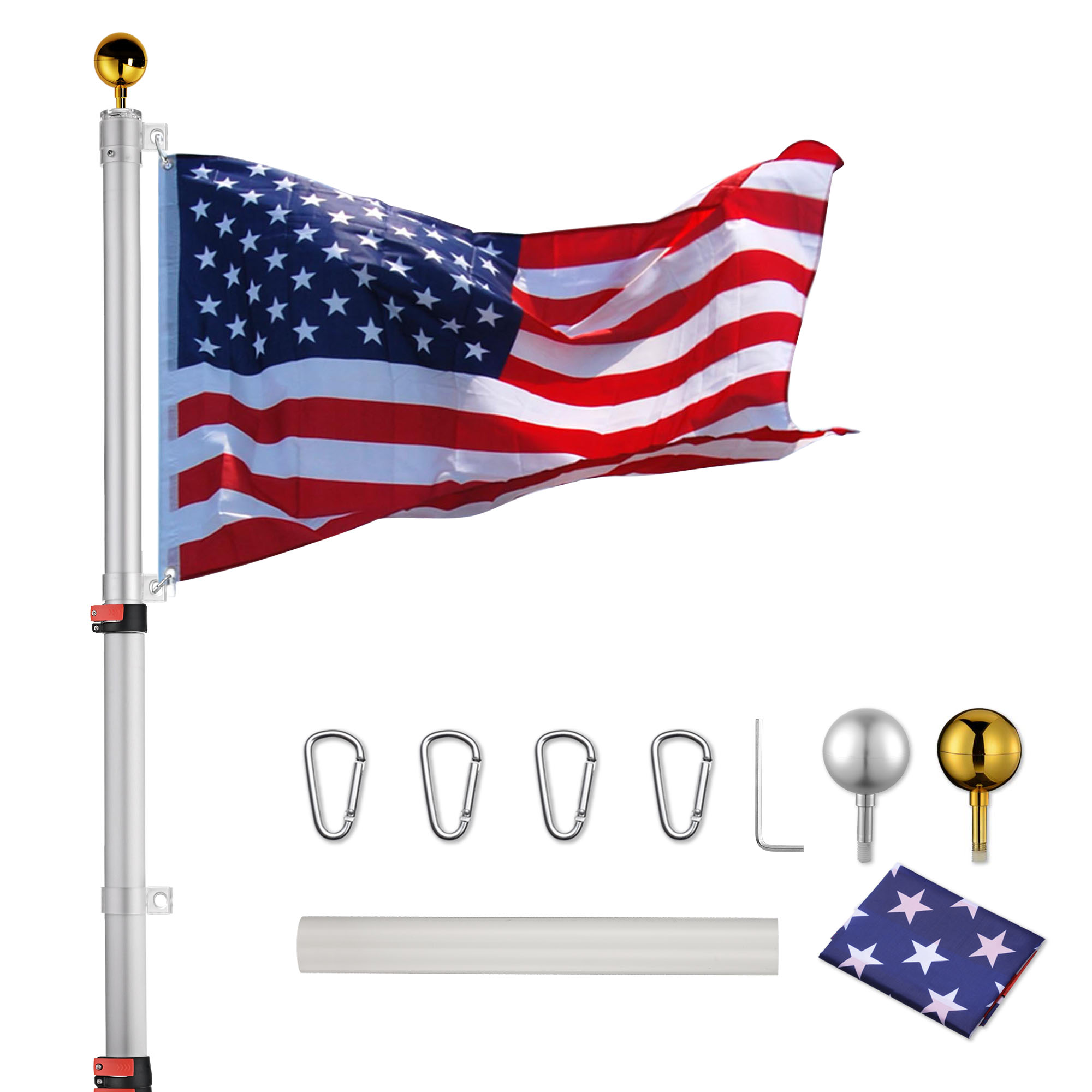 Yescom 20' Telescopic Aluminum Flag Pole Kit Eagle Pole Top Finial + Ball + 3'x5' Flag