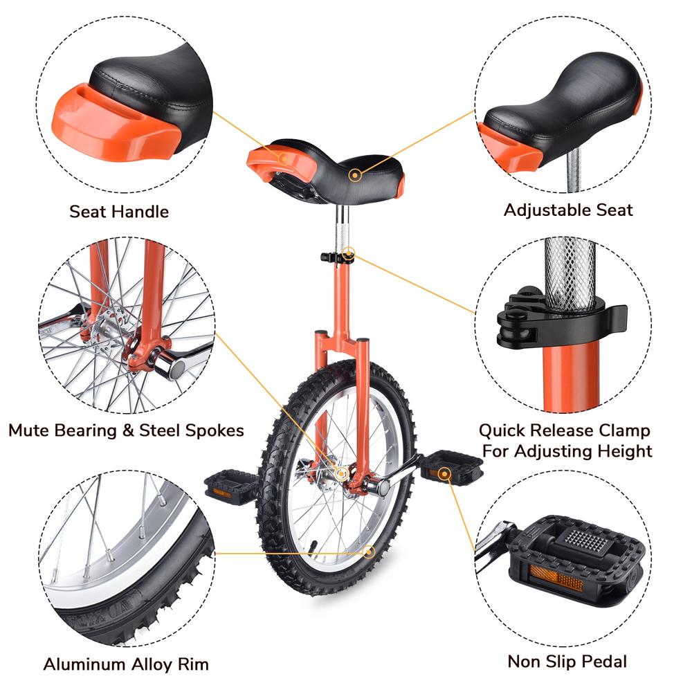 Yescom 16 In Wheel Outdoor Unicycle Adjustable Seat Exercise Bicycle Balance Training for Adults Teenagers Kids, Orange