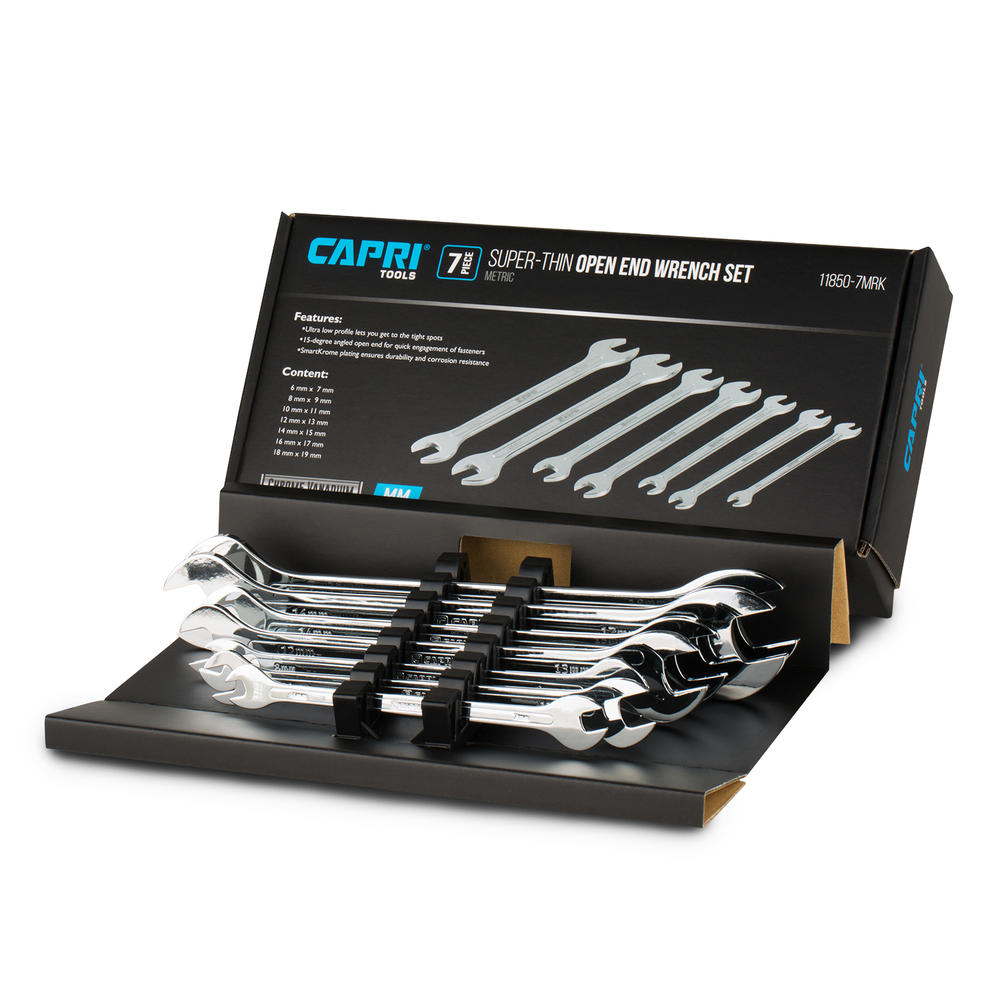 Capri Tools Super-Thin Open End Wrench Set, Metric, 6 to 19 mm, 7-Piece