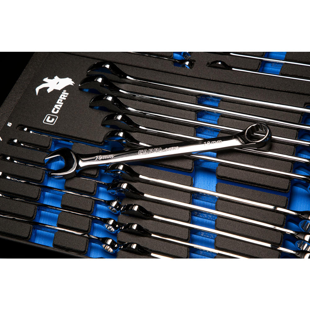 Capri Tools SmartKrome Combination Wrench Set with The Mechanic's Tray, Metric 6 to 24 mm, 19-Piece