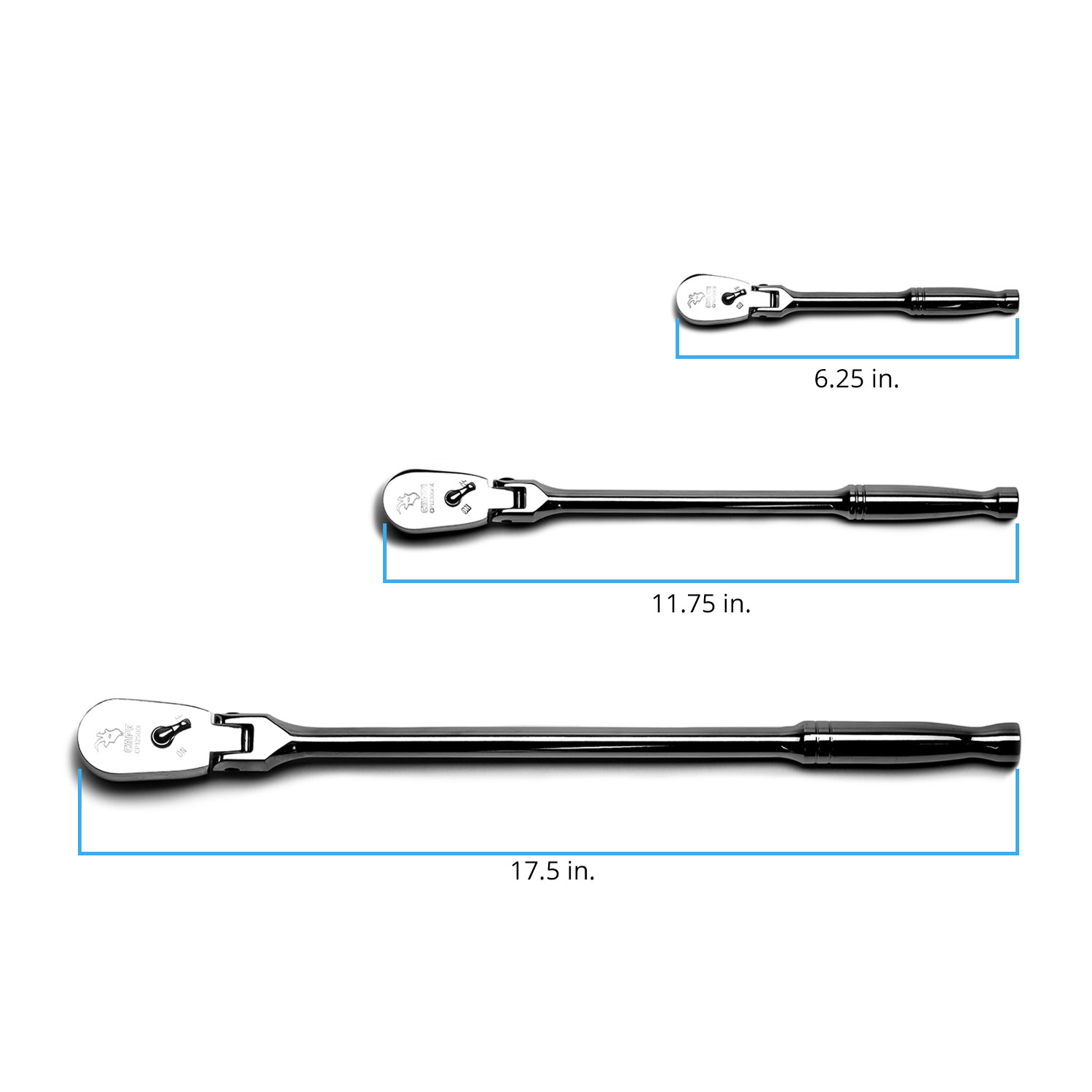 Capri Tools Low Profile Flex-Head Ratchets Set, 1/4, 3/8 and 1/2 in. Drive, True 72-Tooth, 5 Degree Arc, 180-Degree Flex-Head