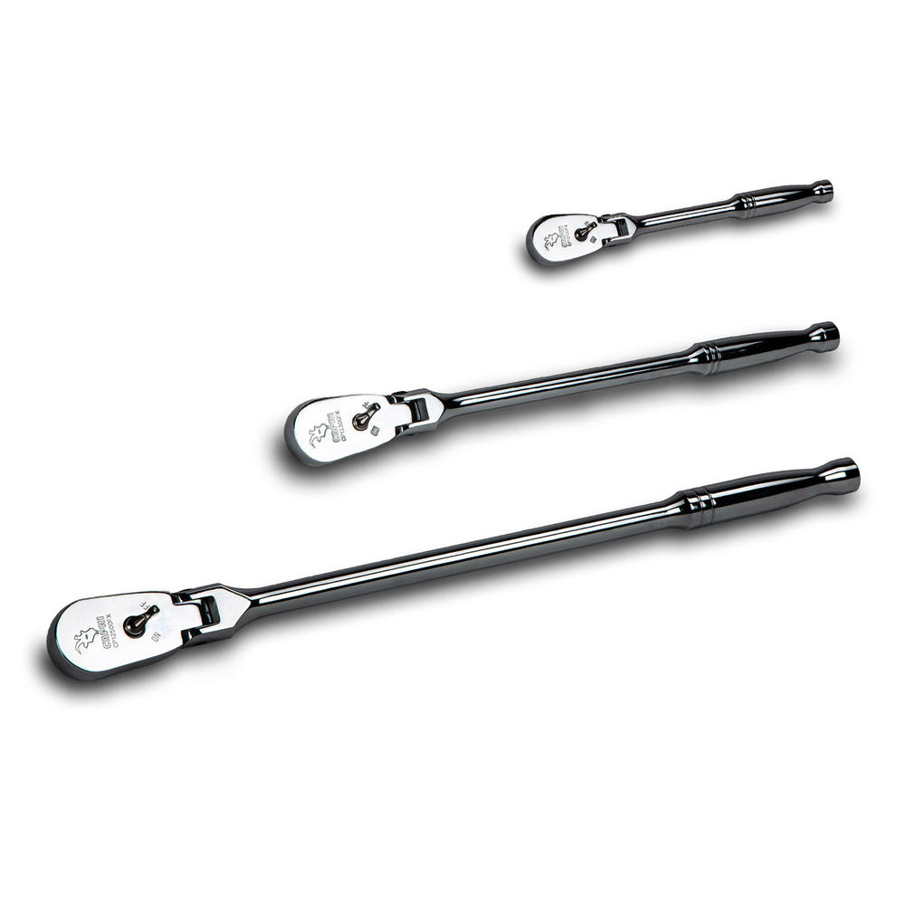 Capri Tools Low Profile Flex-Head Ratchets Set, 1/4, 3/8 and 1/2 in. Drive, True 72-Tooth, 5 Degree Arc, 180-Degree Flex-Head