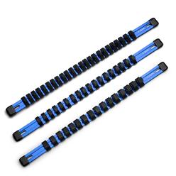 Capri Tools Aluminum Socket Rail Set, 1/4, 3/8" and 1/2" Drive, 17" Long, Blue, 3-Piece Rail with 58 Socket Clips"