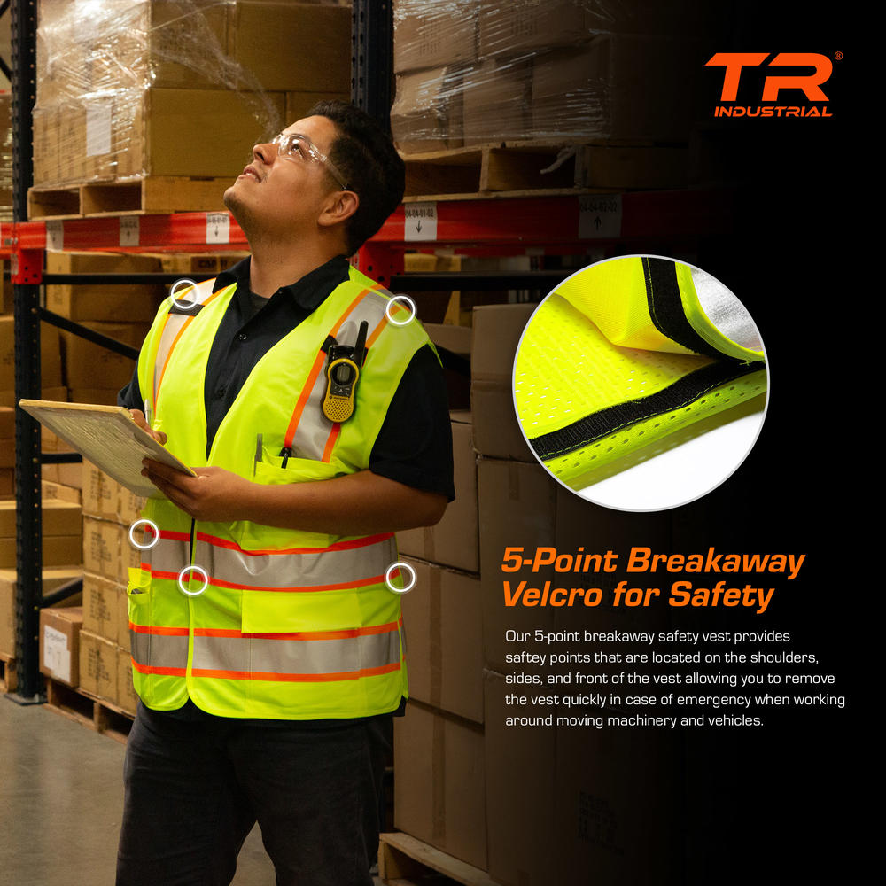 TR Industrial 5-Point Breakaway High Visibility Safety Vest, Type R Class 2, Size L, 5-Pack