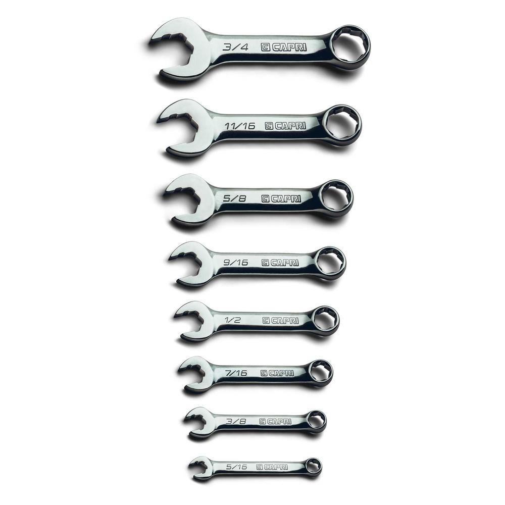 Capri Tools WaveDrive Pro Stubby Combination Wrench Set, 5/16 to 3/4 in., SAE, 8-Piece with Heavy Duty Canvas Pouch