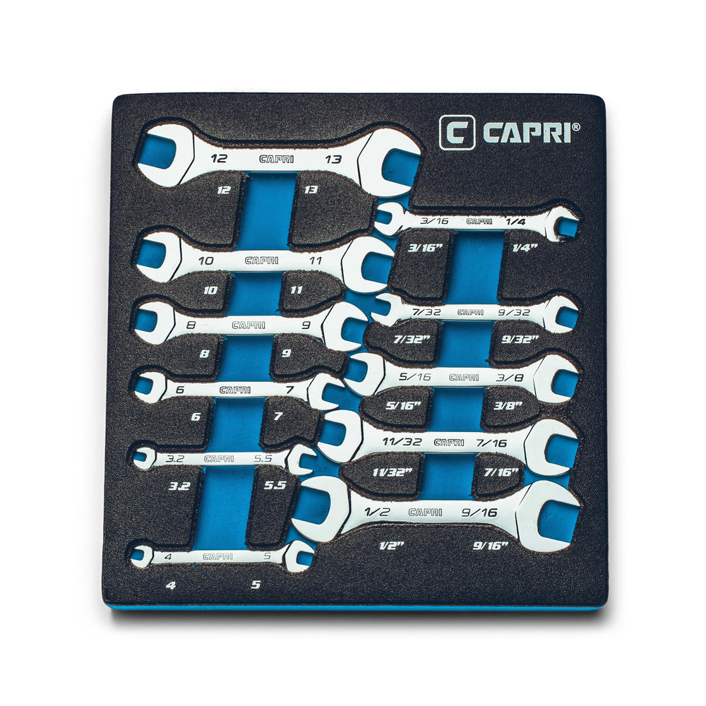 Capri Tools Slim Mini Open End Wrench Set with Mechanic's Tray, Metric and SAE, 3.2-13 mm and 3/16-9/16 in., 11-Piece