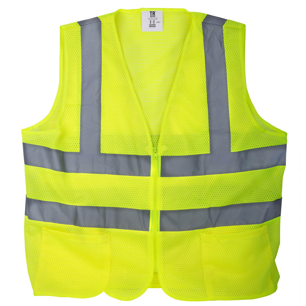 TR Industrial Neon Yellow Front Zipper Mesh Safety Vest- Size XX-Large- Pack of 5