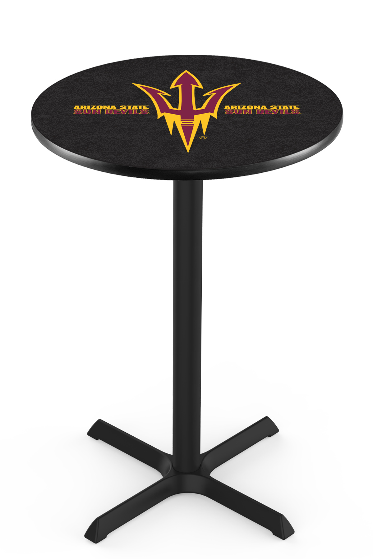 L211 36 Black Wrinkle Arizona State Pub Table With Pitchfork Logo L211 36 Black Wrinkle Arizona State Pub Table With Pitchfork Logo Dia Top By Holland Bar Stool Co