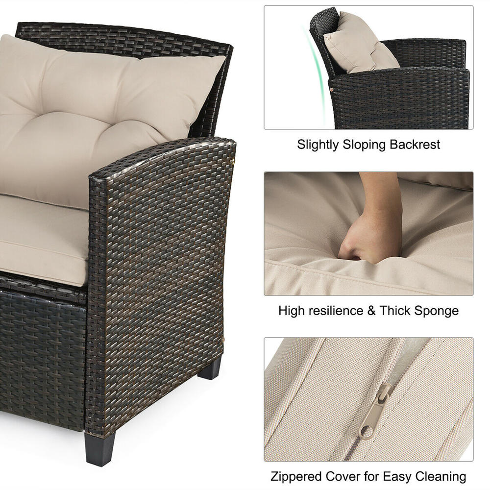 Costway 4PCS Outdoor Rattan Furniture Set Cushioned Sofa Armrest Chair Lower Shelf Brown