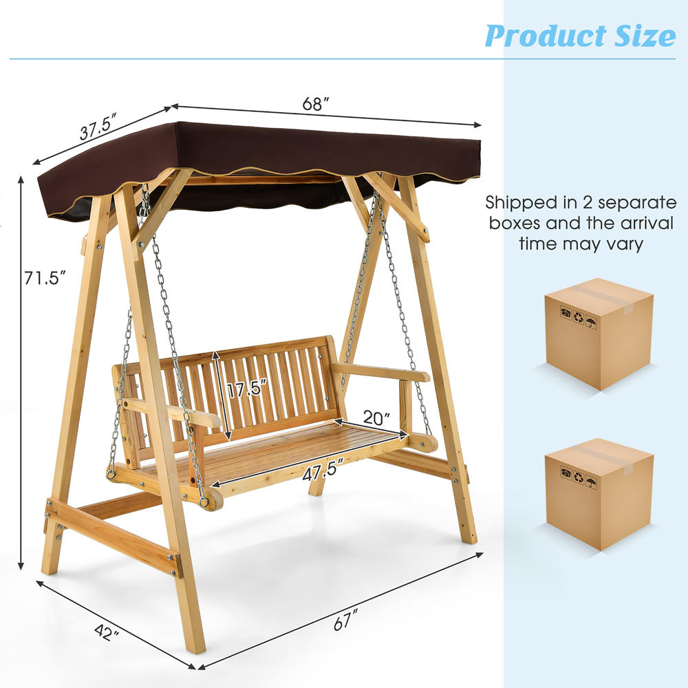 Costway 2 Person Wooden Garden Canopy Swing A-frame with Weather-resistant Canopy