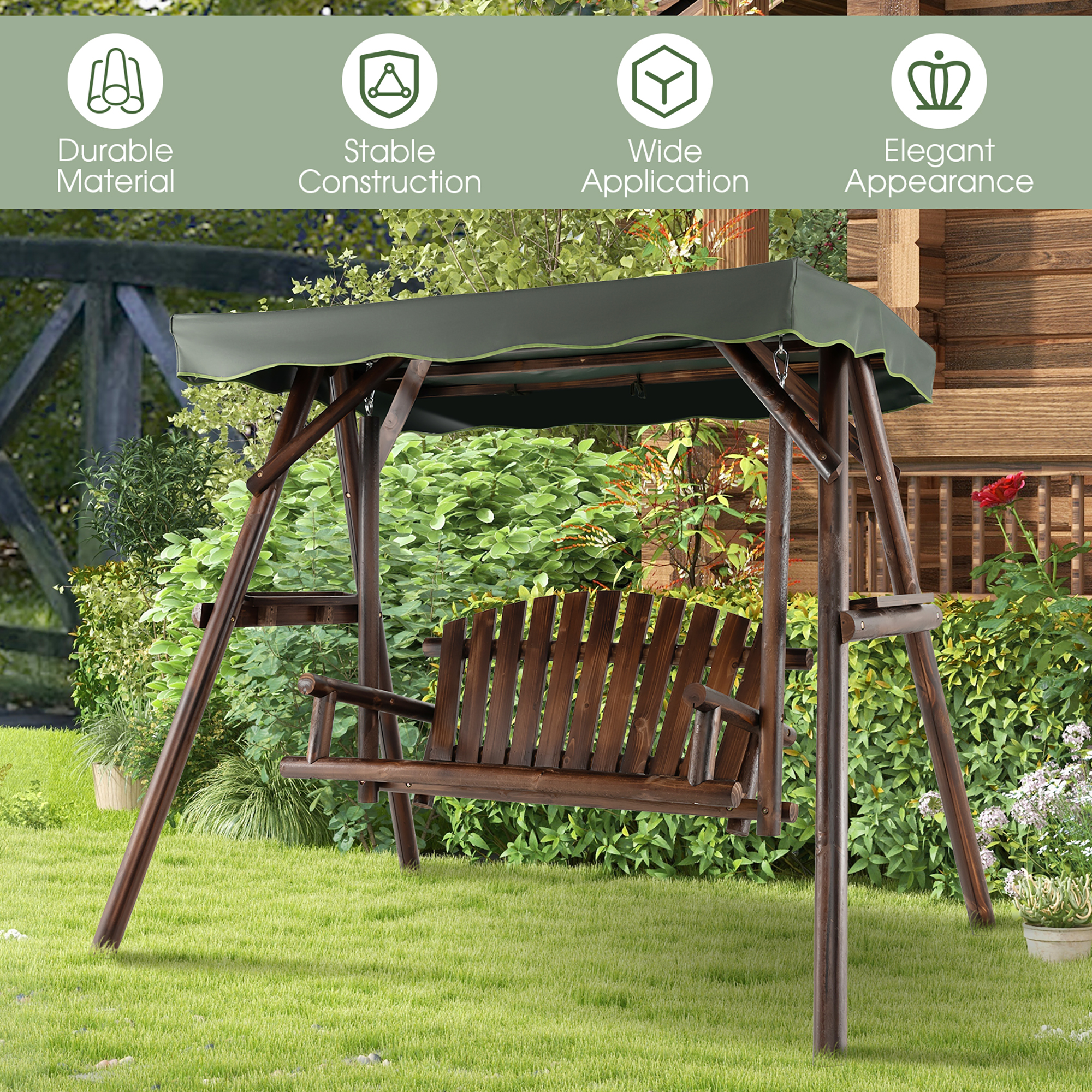 Costway 2 Person Wooden Garden Swing Bench Chair w/ Adjustable Canopy for Garden Porch