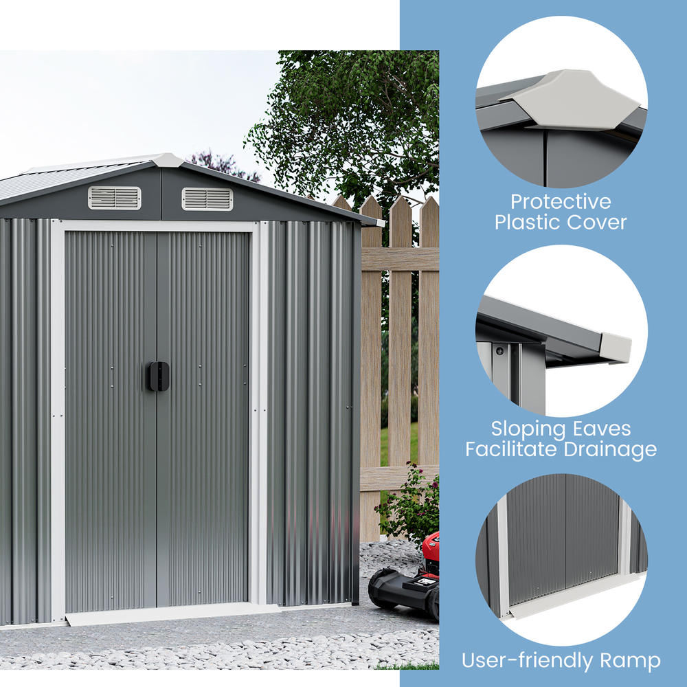 Costway 6 x 4 FT Outdoor Storage Shed Galvanized Steel Shed with Lockable Sliding Doors